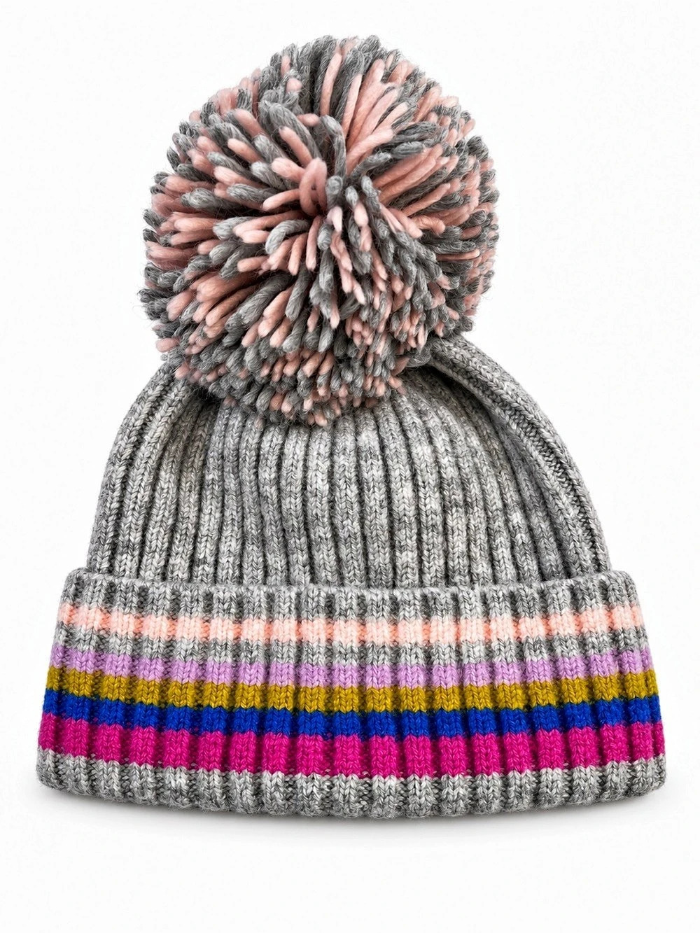Shiraleah Chicago Gray Rainbow Stripe Pom Pom Beanie Après Ski Winter Hat